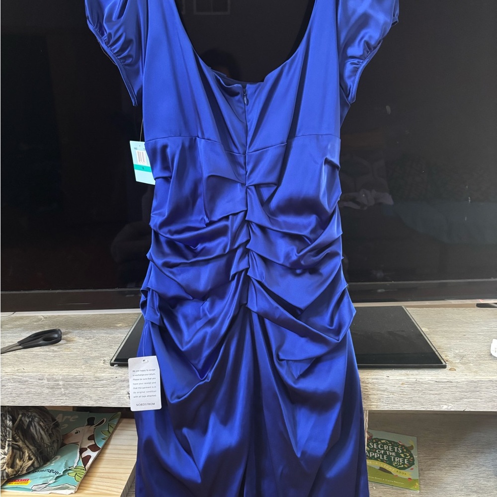 Suzi Chin for Maggy Boutique Cobalt Blue Satin Ruched Midi Dress - Picture 4 of 10